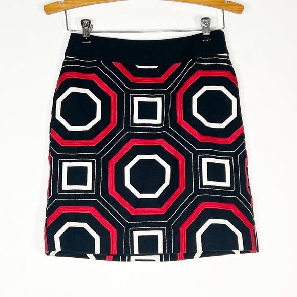 Ann Taylor Black Red Embroidered Geometric Pencil Skirt - Picture 1 of 6